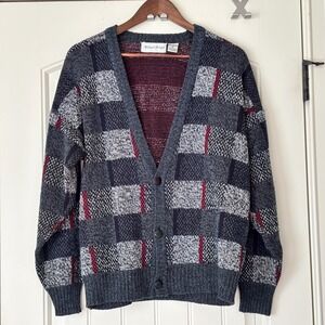 Michael Gerald Plaid Cardigan Sweater Mens M Grandpa‎ Core Cozy Vintage Knit